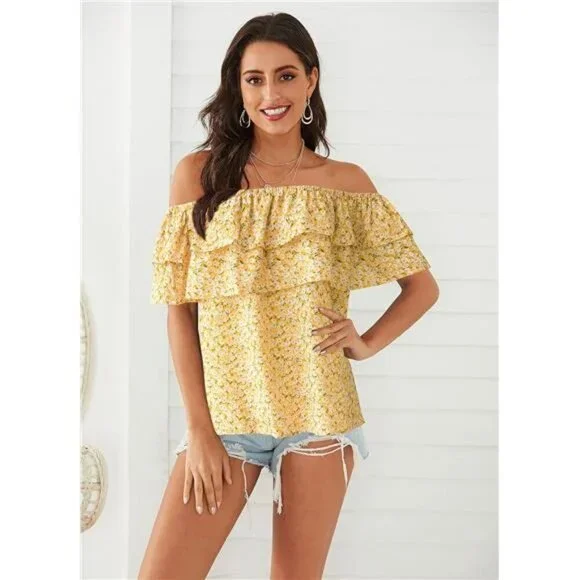 Women's Casual Off Shoulder Ruffle Blouse - Summer Stylish Top, Chic and Elegant - Picture 2 of 6